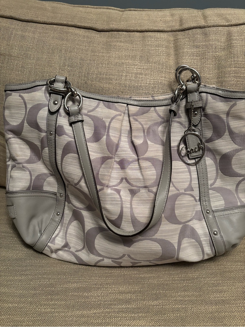 COACH Alexandra Signature Tote F21919 Gray/Lavender Canvas Leather Trim Used